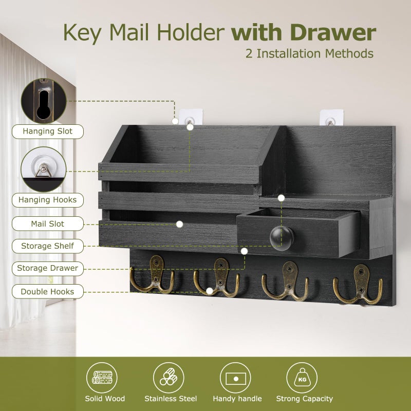 HOMEBROS Key Holder Wall Mount, Wooden Adhesive Mail and Key Organizer with Drawer, Small Shelf, 8 Hooks, 2 Installation Methods, Black - Image 3