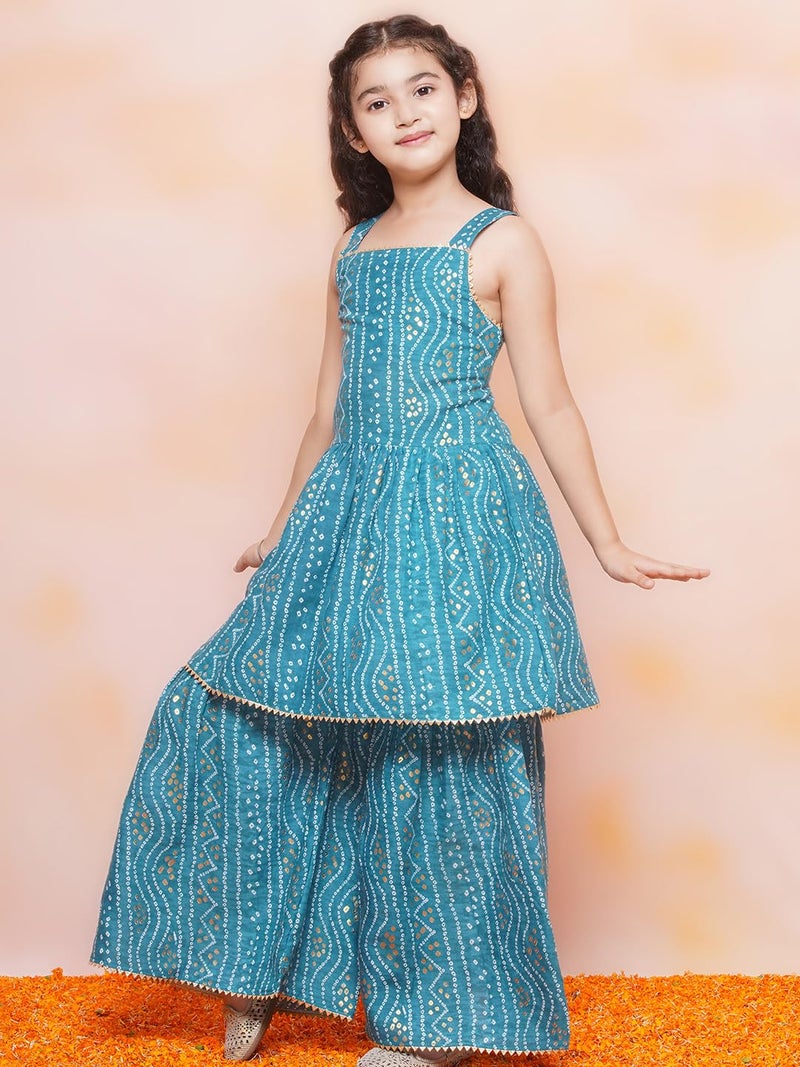 AJ DEZINES Kids Ethnic Wear Cotton Bandhani Printed Sleeveless A Line Blue Kurta Sharara Set For Girls (G-1115-BLUE-36) - Image 5