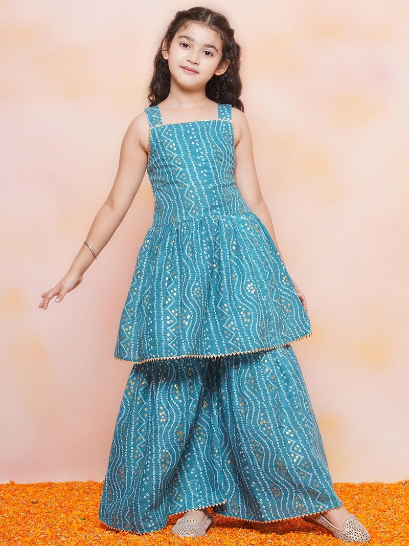 AJ DEZINES Kids Ethnic Wear Cotton Bandhani Printed Sleeveless A Line Blue Kurta Sharara Set For Girls (G-1115-BLUE-36) - Image 2
