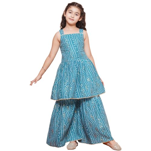 AJ DEZINES Kids Ethnic Wear Cotton Bandhani Printed Sleeveless A Line Blue Kurta Sharara Set For Girls (G-1115-BLUE-36) - Image 1