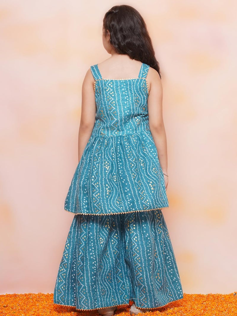 AJ DEZINES Kids Ethnic Wear Cotton Bandhani Printed Sleeveless A Line Blue Kurta Sharara Set For Girls (G-1115-BLUE-36) - Image 4