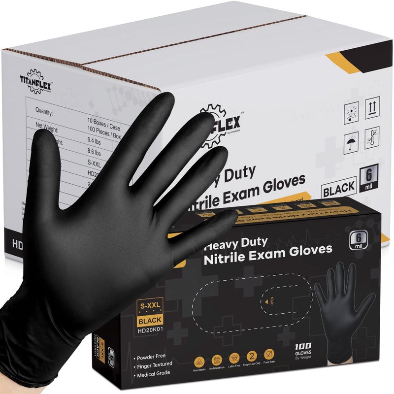 TitanFlex Disposable Nitrile Exam Gloves 6mil Black Large 1000ct Case Heavy Duty Disposable Gloves Cooking Mechanic Latex Free Food Safe