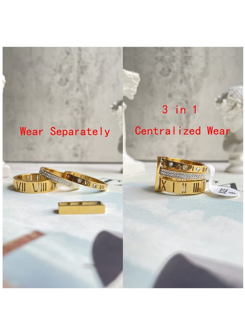 Excefore Stainless Steel Zirconia Rings for Women Girls Roman Numeral 3 in 1 Spinner Gold Ring Band, Women's Gold Wedding Band - Image 3