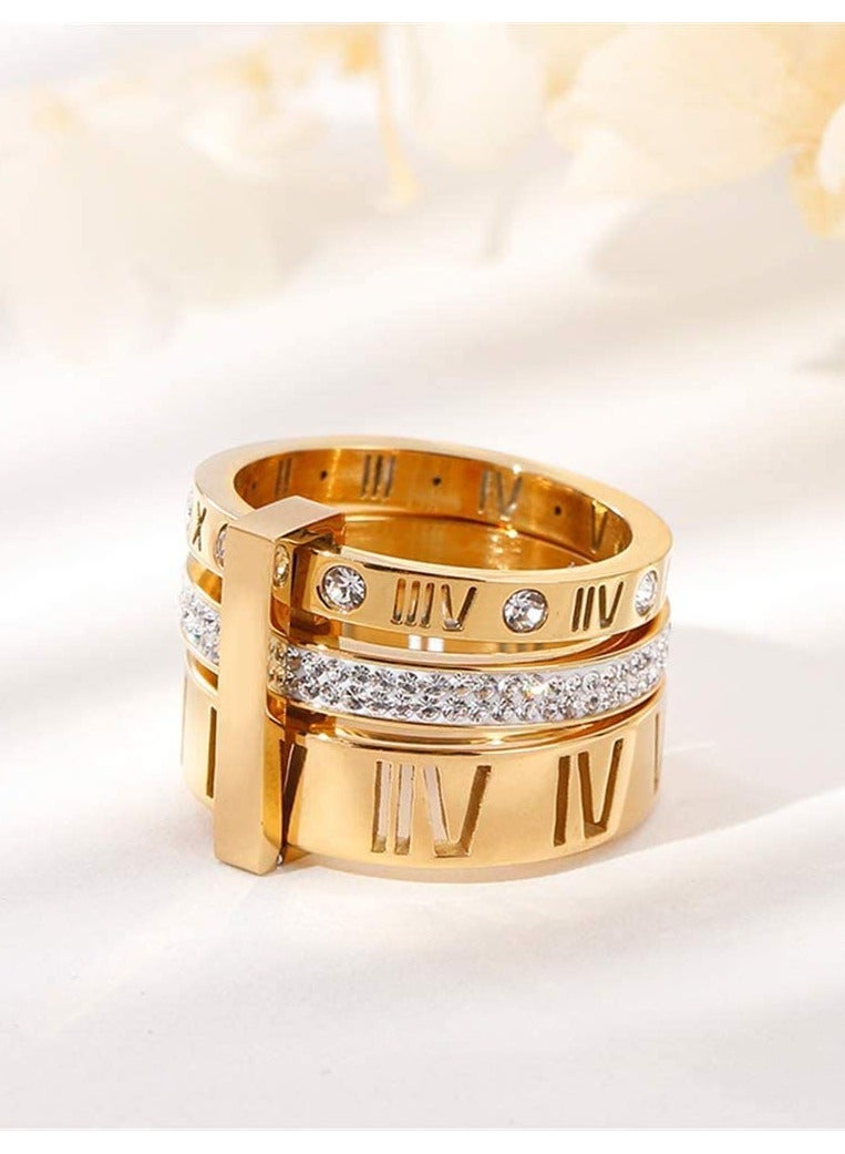 Excefore Stainless Steel Zirconia Rings for Women Girls Roman Numeral 3 in 1 Spinner Gold Ring Band, Women's Gold Wedding Band - Image 4
