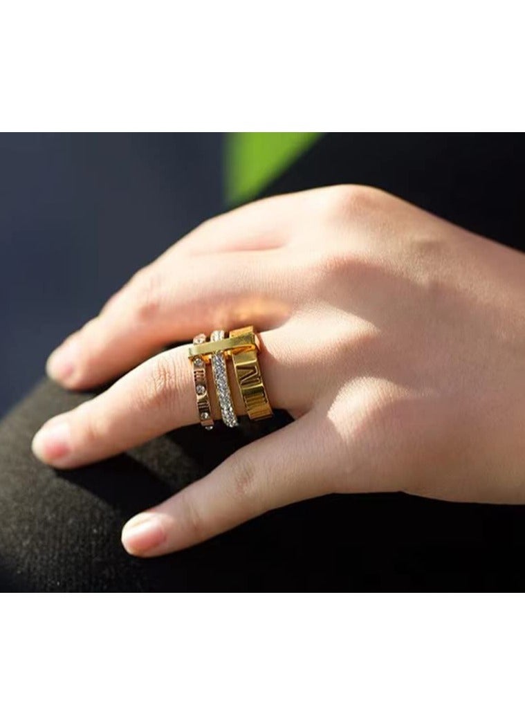 Excefore Stainless Steel Zirconia Rings for Women Girls Roman Numeral 3 in 1 Spinner Gold Ring Band, Women's Gold Wedding Band - Image 5