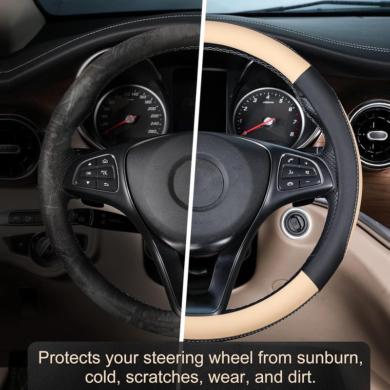 SEG Direct Car Steering Wheel Cover for All Standard-Size Steering Wheels with 14 1/2 inches - 15 inches Outer Diameter, Beige Microfiber Leather - Image 4