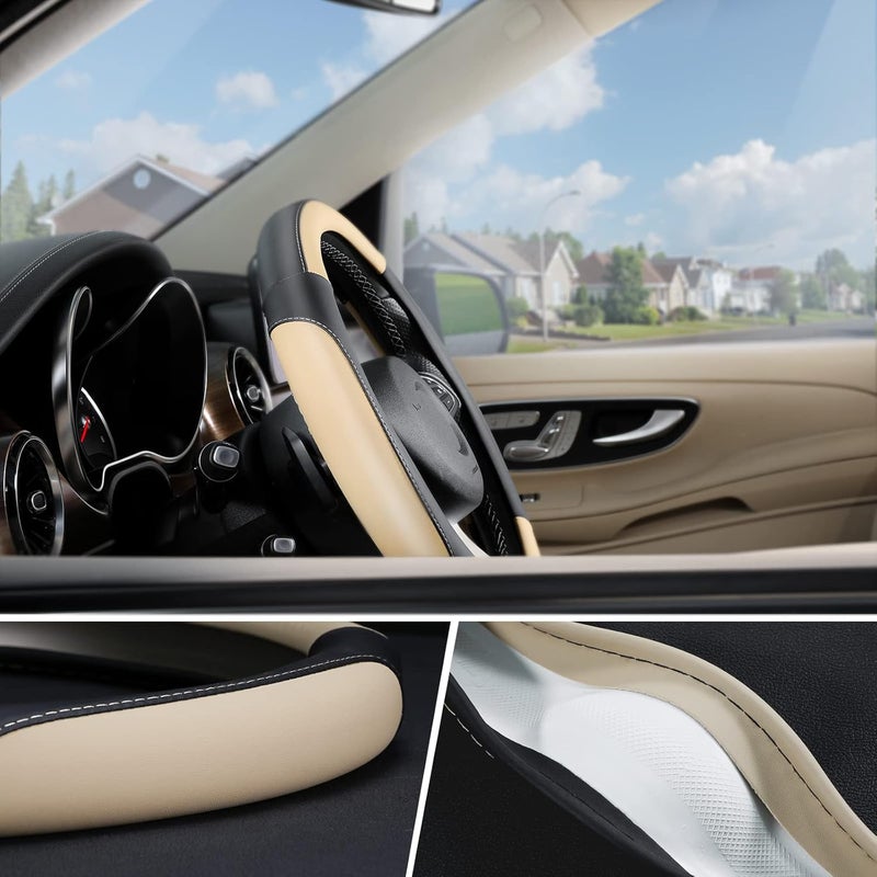 SEG Direct Car Steering Wheel Cover for All Standard-Size Steering Wheels with 14 1/2 inches - 15 inches Outer Diameter, Beige Microfiber Leather - Image 3