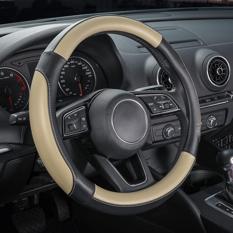 SEG Direct Car Steering Wheel Cover for All Standard-Size Steering Wheels with 14 1/2 inches - 15 inches Outer Diameter, Beige Microfiber Leather - Image 1