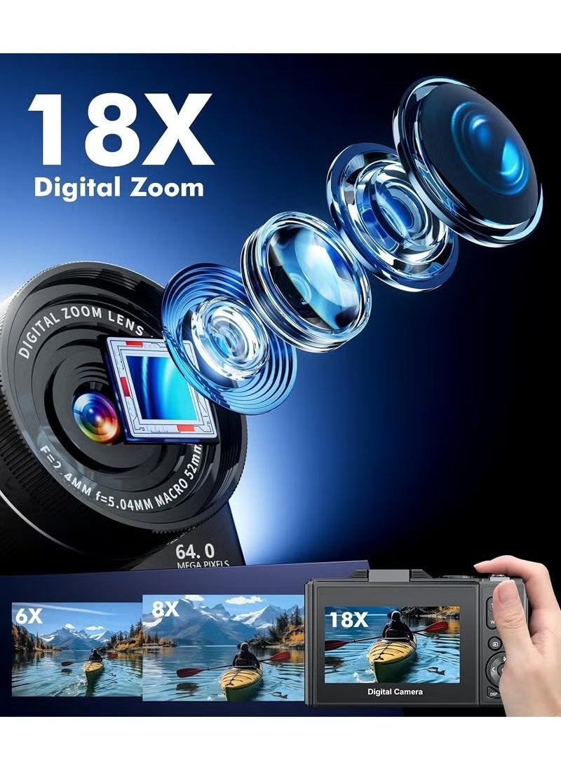 Generic - 5K Digital Camera, 75MP Cameras Digital for Photography, 18X Zoom Point and Shoot Camara Vlogging for YouTube with 3" 180° Flip Screen, Digital Camera with 64GB Micro SD Card for Beginner Gift, Wide Angle & Macro Lens - Image 1