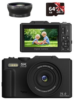 5K Digital Camera, 75MP Cameras Digital for Photography, 18X Zoom Point and Shoot Camara Vlogging for YouTube with 3" 180° Flip Screen, Digital Camera with 64GB Micro SD Card for Beginner Gift, Wide Angle & Macro Lens