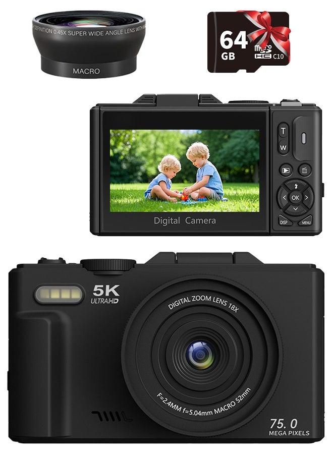 Generic - 5K Digital Camera, 75MP Cameras Digital for Photography, 18X Zoom Point and Shoot Camara Vlogging for YouTube with 3" 180° Flip Screen, Digital Camera with 64GB Micro SD Card for Beginner Gift, Wide Angle & Macro Lens - Image 1