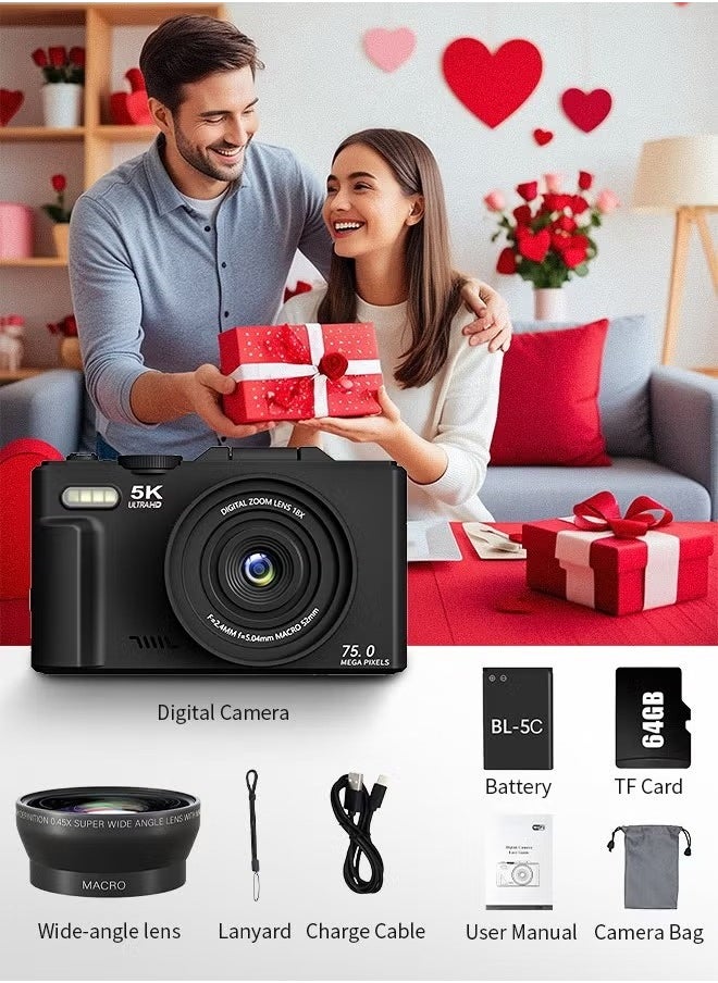 Generic - 5K Digital Camera, 75MP Cameras Digital for Photography, 18X Zoom Point and Shoot Camara Vlogging for YouTube with 3" 180° Flip Screen, Digital Camera with 64GB Micro SD Card for Beginner Gift, Wide Angle & Macro Lens - Image 1