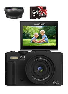 Generic 5K Digital Camera, 75MP Cameras Digital for Photography, 18X Zoom Point and Shoot Camara Vlogging for YouTube with 3" 180° Flip Screen, Digital Camera with 64GB Micro SD Card for Beginner Gift, Wide Angle & Macro Lens  - Image 1