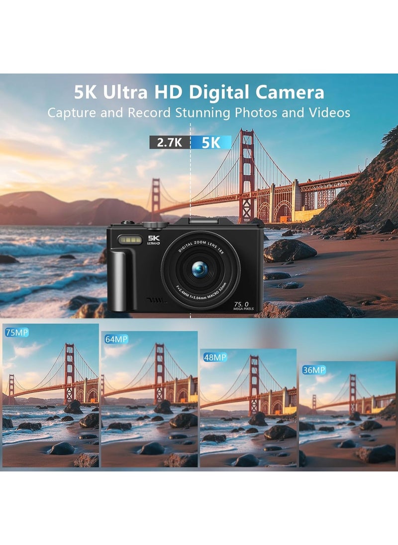 Generic 5K Digital Camera, 75MP Cameras Digital for Photography, 18X Zoom Point and Shoot Camara Vlogging for YouTube with 3" 180° Flip Screen, Digital Camera  - Image 2