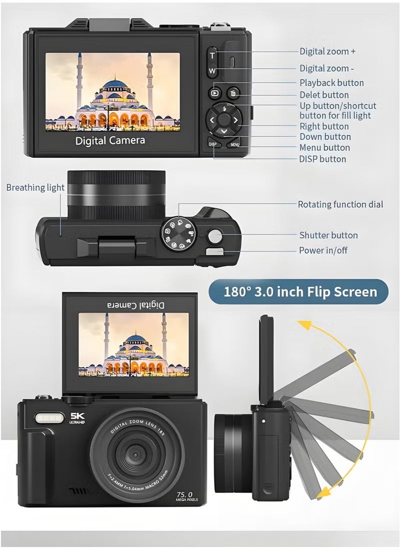 Generic - 5K Digital Camera, 75MP Cameras Digital for Photography, 18X Zoom Point and Shoot Camara Vlogging for YouTube with 3" 180° Flip Screen, Vlogging Camera for Beginner Gift, with a wide-angle lens - Image 1