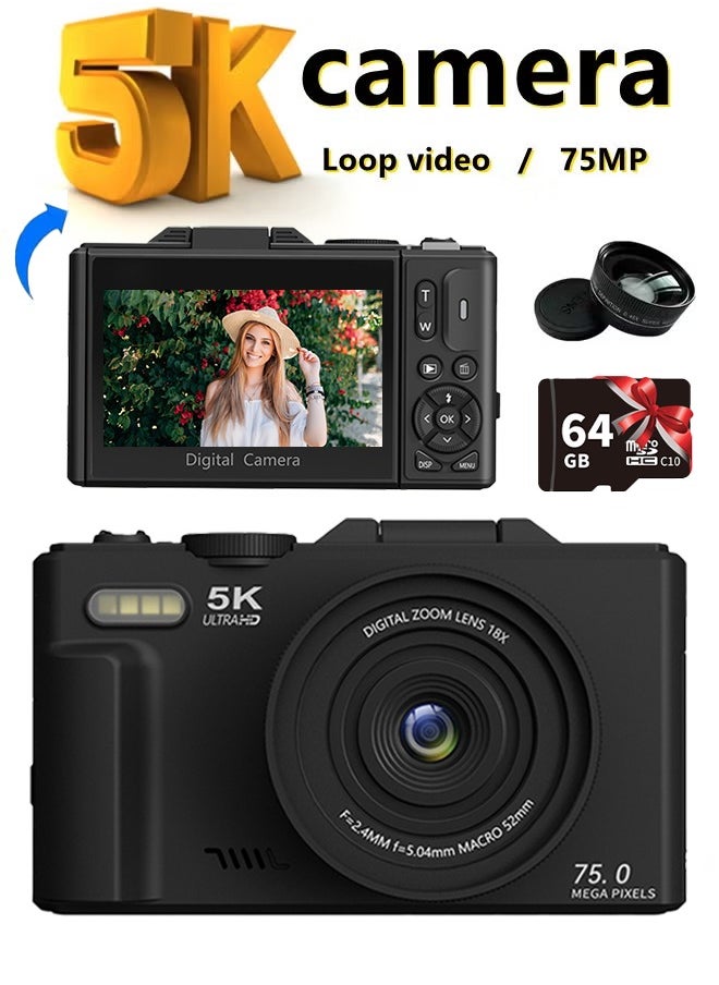 Generic 5K Digital Camera, 75MP Cameras Digital for Photography, 18X Zoom Point and Shoot Camara Vlogging for YouTube with 3" 180° Flip Screen, Vlogging Camera for Beginner Gift, with a wide-angle lens  - Image 1