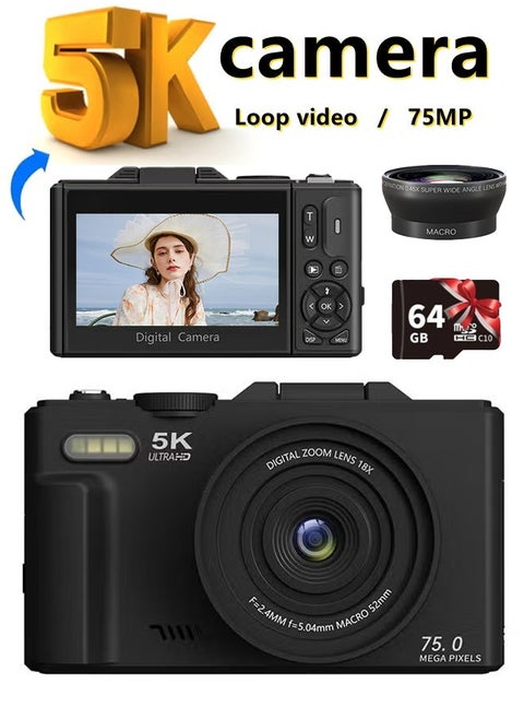 5K Digital Camera, 75MP Cameras Digital for Photography, 18X Zoom Point and Shoot Camara Vlogging for YouTube with 3" 180° Flip Screen, Vlogging Camera for Beginner Gift, with a wide-angle lens