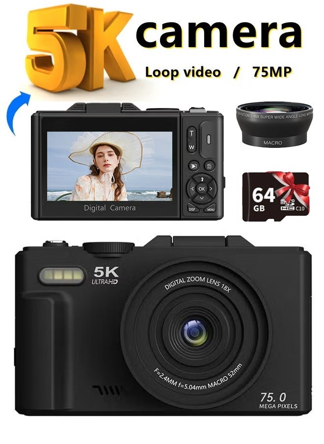 Generic 5K Digital Camera, 75MP Cameras Digital for Photography, 18X Zoom Point and Shoot Camara Vlogging for YouTube with 3" 180° Flip Screen, Vlogging Camera for Beginner Gift, with a wide-angle lens  - Image 1