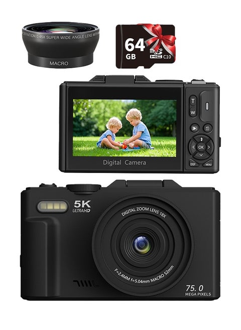 5K Digital Camera, 75MP Cameras Digital for Photography, 18X Zoom Point and Shoot Camara Vlogging for YouTube with 3" 180° Flip Screen, Vlogging Camera for Beginner Gift, with a wide-angle lens