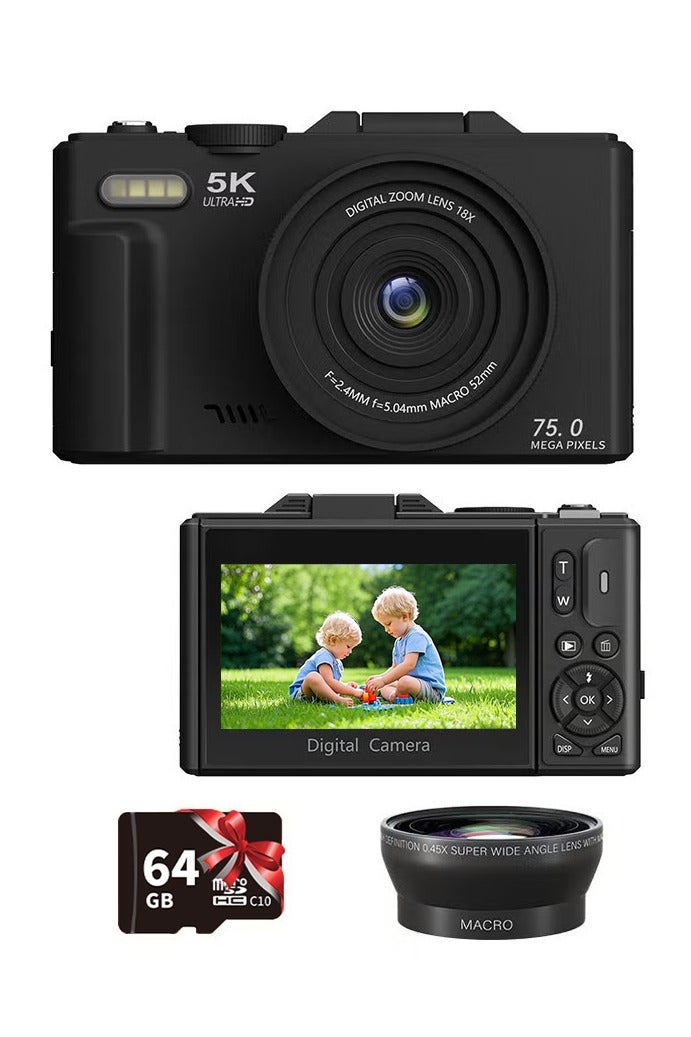 Generic 5K Digital Camera, 75MP Cameras Digital for Photography, 18X Zoom Point and Shoot Camara Vlogging for YouTube with 3" 180° Flip Screen, Vlogging Camera for Beginner Gift, with a wide-angle lens  - Image 1
