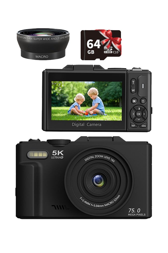 Generic 5K Digital Camera, 75MP Cameras Digital for Photography, 18X Zoom Point and Shoot Camara Vlogging for YouTube with 3" 180° Flip Screen, Vlogging Camera for Beginner Gift, with a wide-angle lens  - Image 1