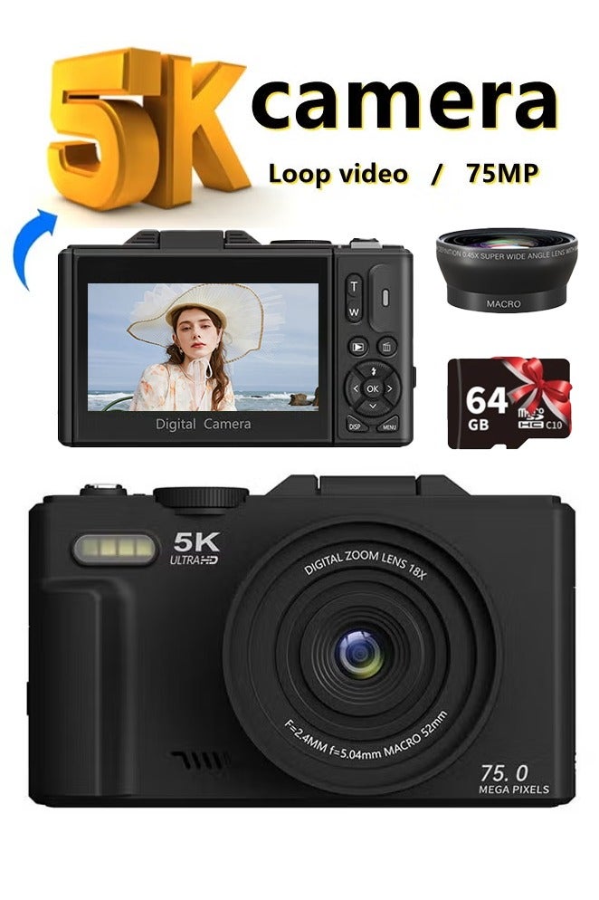 كاميرا رقمية 5K ، كاميرات 75MP رقمية للتصوير الفوتوغرافي ، نقطة زوم 18X وإطلاق النار على كاميرا Vlogging لـ YouTube مع شاشة 3 "180 درجة فليب ، كاميرا Vlogging لهدية المبتدئين ، مع عدسة زاوية واسعة - Image 1