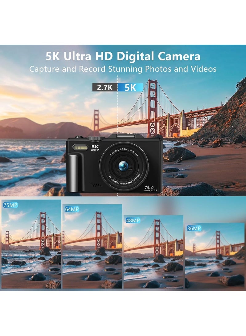 كاميرا رقمية 5K ، كاميرات 75MP رقمية للتصوير الفوتوغرافي مع بطاقة SD 128 جيجا بايت ، نقطة زوم رقمية 18X و Shoot Camara Vlogging لـ YouTube مع شاشة فليب 3 "180 درجة ، كاميرات رقمية لمبتدئين هدية ، مع عدسة زاوية واسعة - Image 2