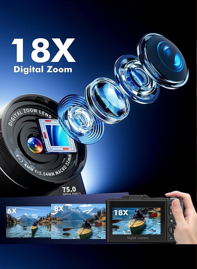 كاميرا رقمية 5K ، كاميرات 75MP رقمية للتصوير الفوتوغرافي مع بطاقة SD 128 جيجا بايت ، نقطة زوم رقمية 18X و Shoot Camara Vlogging لـ YouTube مع شاشة فليب 3 "180 درجة ، كاميرات رقمية لمبتدئين هدية ، مع عدسة زاوية واسعة - Image 3