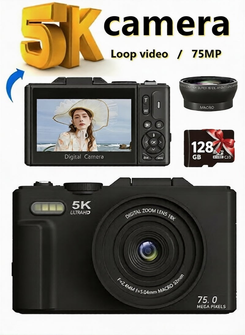 كاميرا رقمية 5K ، كاميرات 75MP رقمية للتصوير الفوتوغرافي مع بطاقة SD 128 جيجا بايت ، نقطة زوم رقمية 18X و Shoot Camara Vlogging لـ YouTube مع شاشة فليب 3 "180 درجة ، كاميرات رقمية لمبتدئين هدية ، مع عدسة زاوية واسعة - Image 1