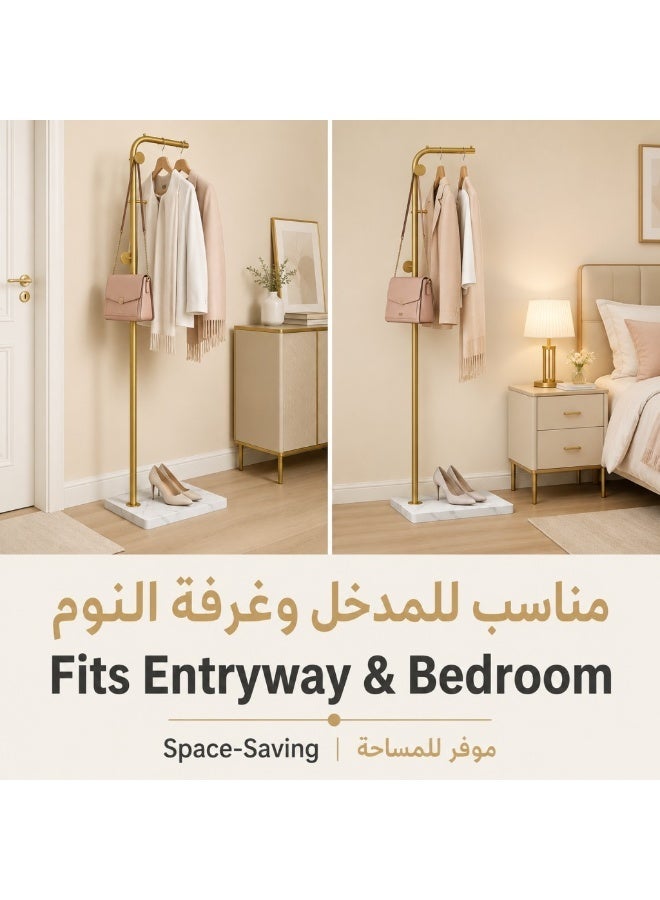 هيكسدريم رف ملابس عصري من المعدن الذهبي بقاعدة رخامية، رف ملابس قائم بذاته مع قضيب تعليق منحني وخطافات، منظم ملابس متعدد الاستخدامات للمدخل وغرفة النوم والخزانة - Image 4