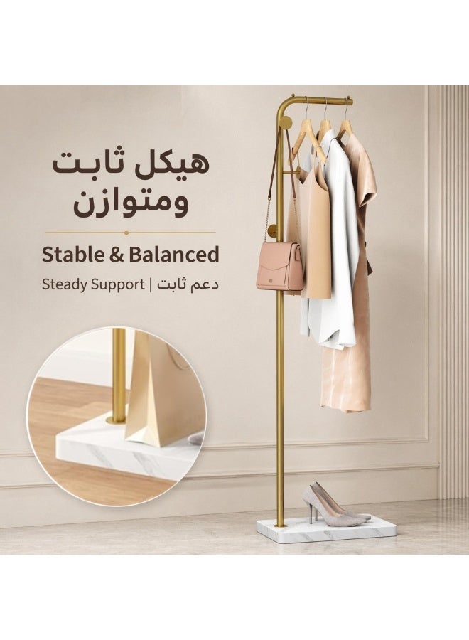 هيكسدريم رف ملابس عصري من المعدن الذهبي بقاعدة رخامية، رف ملابس قائم بذاته مع قضيب تعليق منحني وخطافات، منظم ملابس متعدد الاستخدامات للمدخل وغرفة النوم والخزانة - Image 5
