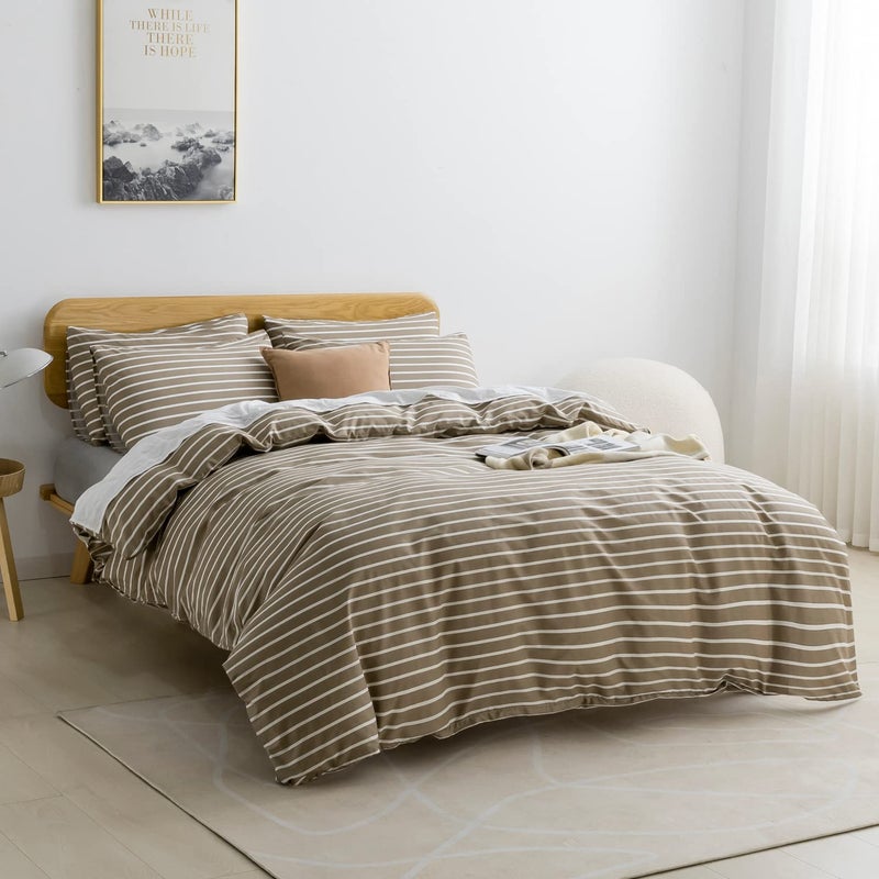 JELLYMONI Twin Duvet Cover Set, Cotton Duvet Cover 2 Pieces with Zipper Closure, 1 Duvet Cover and 1 Pillowcase(Khaki with White Striped) - Image 2