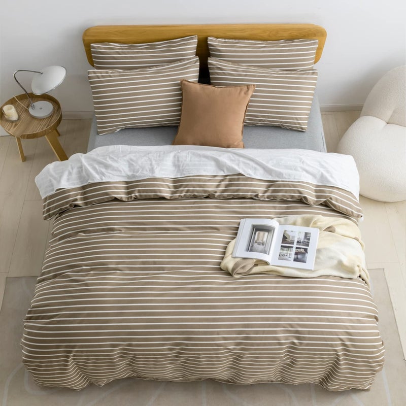 JELLYMONI Twin Duvet Cover Set, Cotton Duvet Cover 2 Pieces with Zipper Closure, 1 Duvet Cover and 1 Pillowcase(Khaki with White Striped) - Image 3