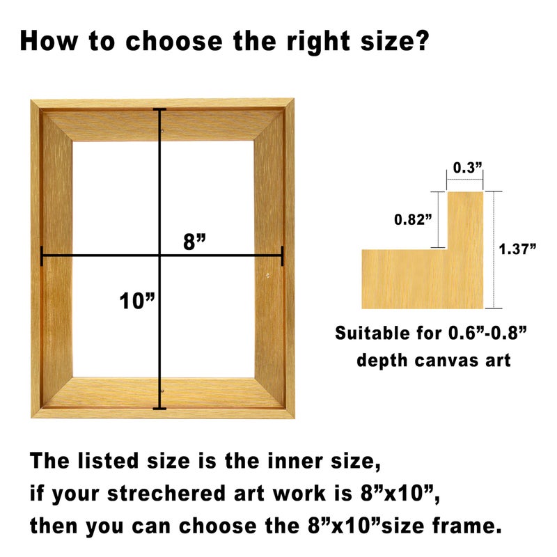 CANFRAVAS 8x10 Solid Wood Canvas Floater Frame, Wood Floating Frames, Floater Frame for 0.6"-0.8" Deep Canvas Paintings (8"x10", Gold) - Image 3