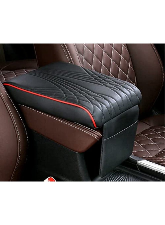 Automaze Center Console Arm-rest Cover Pad With Mobile Pocket Universal Fit for SUV/Truck/Car, Car Armrest Seat Box Cover, Leather Auto Armrest Cover (Black With Red Piping) - Image 1