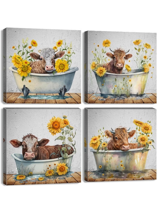 YOOOAHU Funny Highland Cow Wall Art Bathroom Decor Rustic Sunflower Cow Pictures Canvas Prints Farmhouse Wall Decor Country Cattle in Bathtub Painting Artworks Living Room Bedroom Home Decorations 12x12” 4P - Image 1