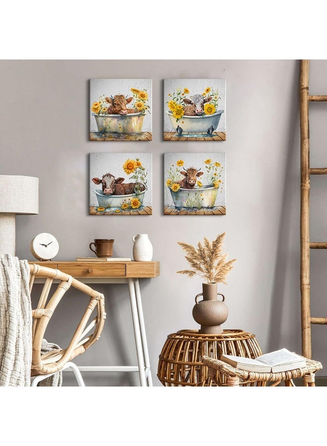 YOOOAHU Funny Highland Cow Wall Art Bathroom Decor Rustic Sunflower Cow Pictures Canvas Prints Farmhouse Wall Decor Country Cattle in Bathtub Painting Artworks Living Room Bedroom Home Decorations 12x12” 4P - Image 5
