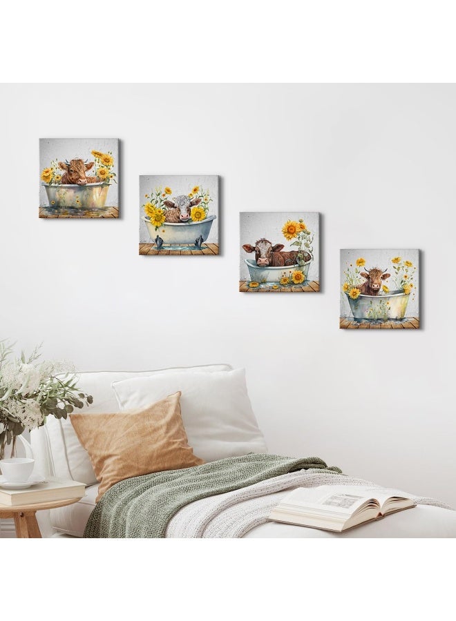 YOOOAHU Funny Highland Cow Wall Art Bathroom Decor Rustic Sunflower Cow Pictures Canvas Prints Farmhouse Wall Decor Country Cattle in Bathtub Painting Artworks Living Room Bedroom Home Decorations 12x12” 4P - Image 3