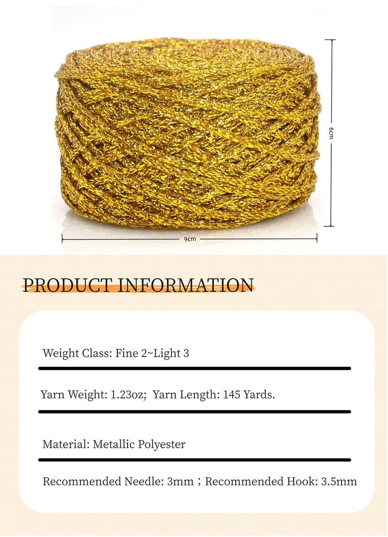 Esuikelut Metallic Glitter Yarn for Crochet & Knitting, Fine 2 Light Weight Worsted for Crochet Knitting, 35g 1.23oz, 145 Yards Soft Craft Sparkle Yarn (Gold) - Image 2