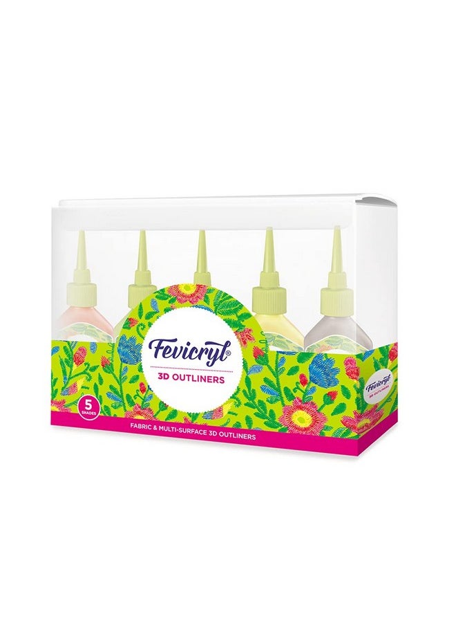 فيفيكرايل - مجموعة Fevicryl 3D Outliners Regular Kit 20ml x 5 | مجموعة متنوعة من أقمشة وخطوط خارجية ثلاثية الأبعاد متعددة الأسطح، متعددة الألوان (FFR812690100000) - Image 1