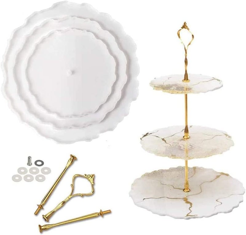 Enameena Offers a Set of 3 ThreeTier Cake Stand molds Designed for Resin This Includes Silicone epoxies and a Set of Golden Brackets for Creating Stunning Cake Trays - Image 1