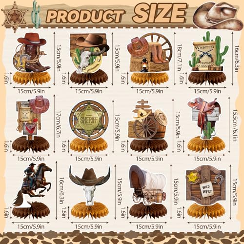 Weekgrat 12 Pcs Cowboy Western Party Decorations Wild West Honeycomb Centerpieces for Tables Cowboy Rodeo Centerpieces 3D Western Theme Birthday Party Supplies - Image 5