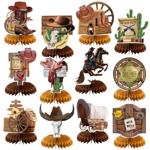 Weekgrat 12 Pcs Cowboy Western Party Decorations Wild West Honeycomb Centerpieces for Tables Cowboy Rodeo Centerpieces 3D Western Theme Birthday Party Supplies - Image 1