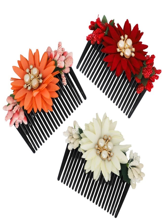 JWELLA Set of 3 Floral Hair Comb Clips for Women & Girls | Handmade Pearl & Fabric Flower Bun Clips | Wedding & Festive Hair Accessories (Design 3) - Image 1