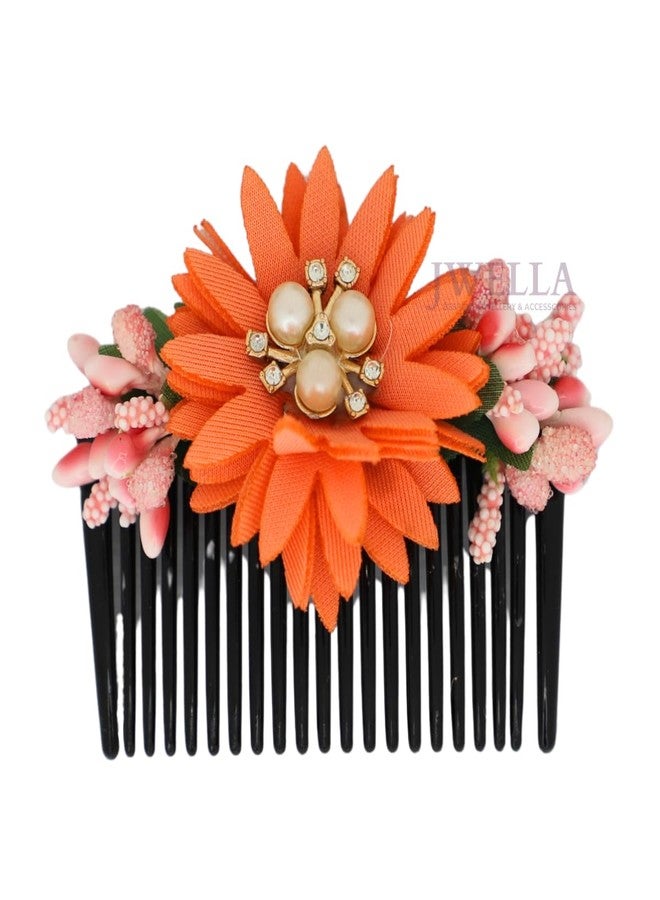 JWELLA Set of 3 Floral Hair Comb Clips for Women & Girls | Handmade Pearl & Fabric Flower Bun Clips | Wedding & Festive Hair Accessories (Design 3) - Image 5
