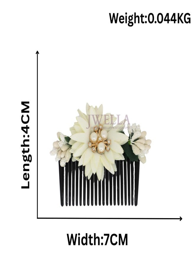 JWELLA Set of 3 Floral Hair Comb Clips for Women & Girls | Handmade Pearl & Fabric Flower Bun Clips | Wedding & Festive Hair Accessories (Design 3) - Image 4