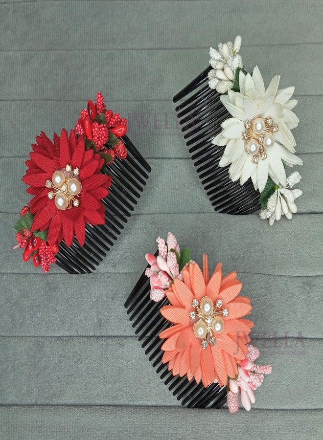 JWELLA Set of 3 Floral Hair Comb Clips for Women & Girls | Handmade Pearl & Fabric Flower Bun Clips | Wedding & Festive Hair Accessories (Design 3) - Image 2