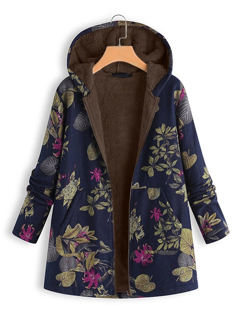 Loquat Autumn And Winter Thick Printed Women's Hooded Slim-Fit Long Warm Coat Blue 