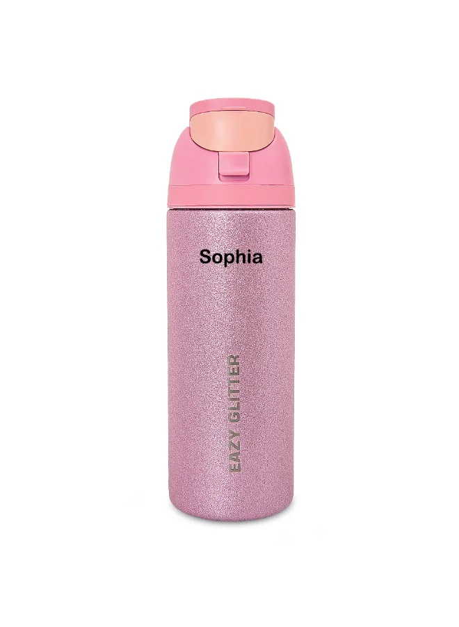 إيزي كيدز Eazy Kids Personalized Glitter Stainless Steel Water Bottle 720ml – Double Wall Insulated, Spout Lid, Leakproof - Pink