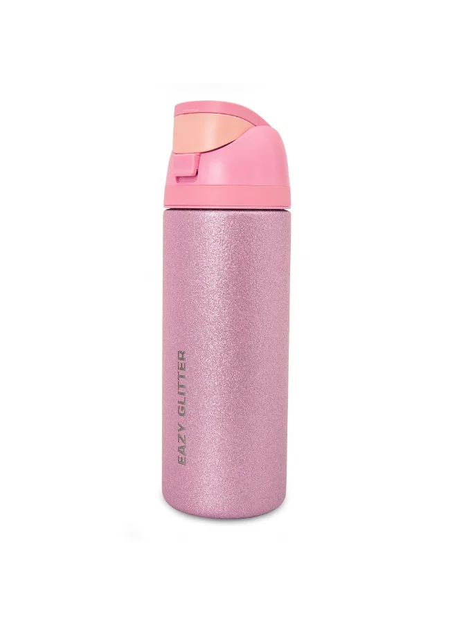 إيزي كيدز Eazy Kids Personalized Glitter Stainless Steel Water Bottle 720ml – Double Wall Insulated, Spout Lid, Leakproof - Pink